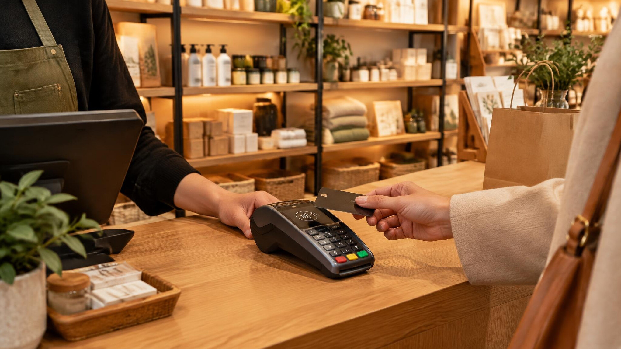 Retail checkout counter with payment terminal