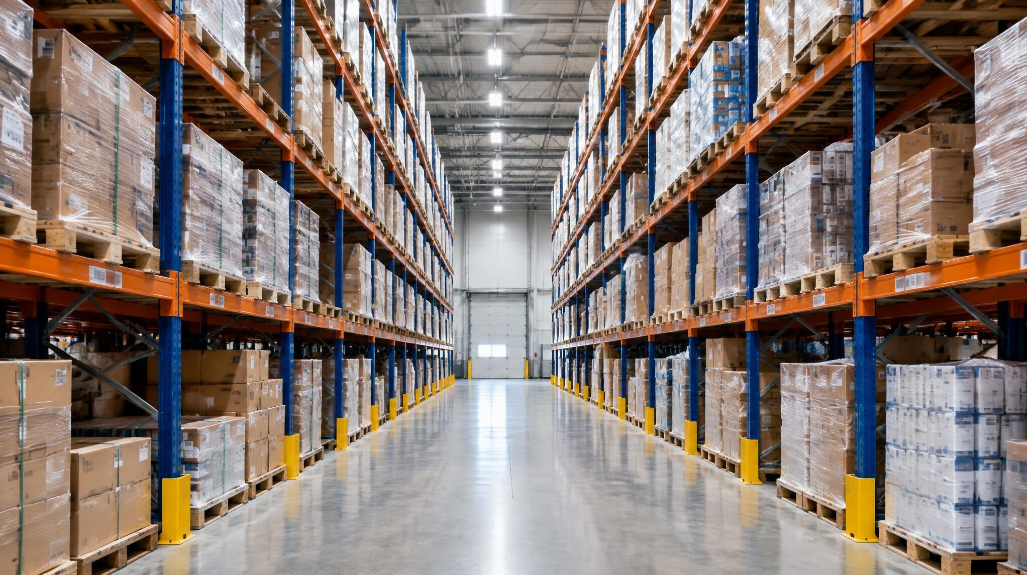 Warehouse aisle with stacked shelves and pallets