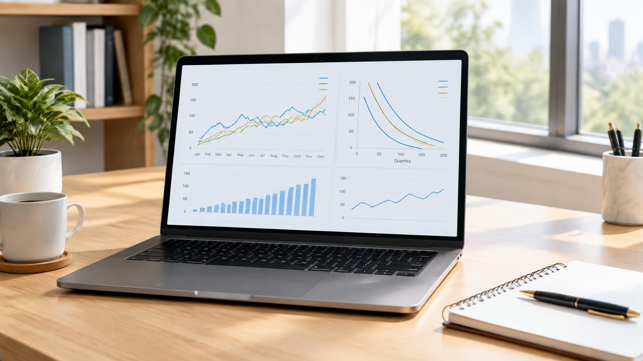 Laptop showing analytics charts on a desk