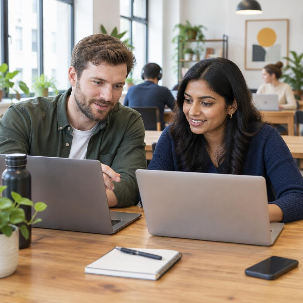 Coworking space with colleagues around a table