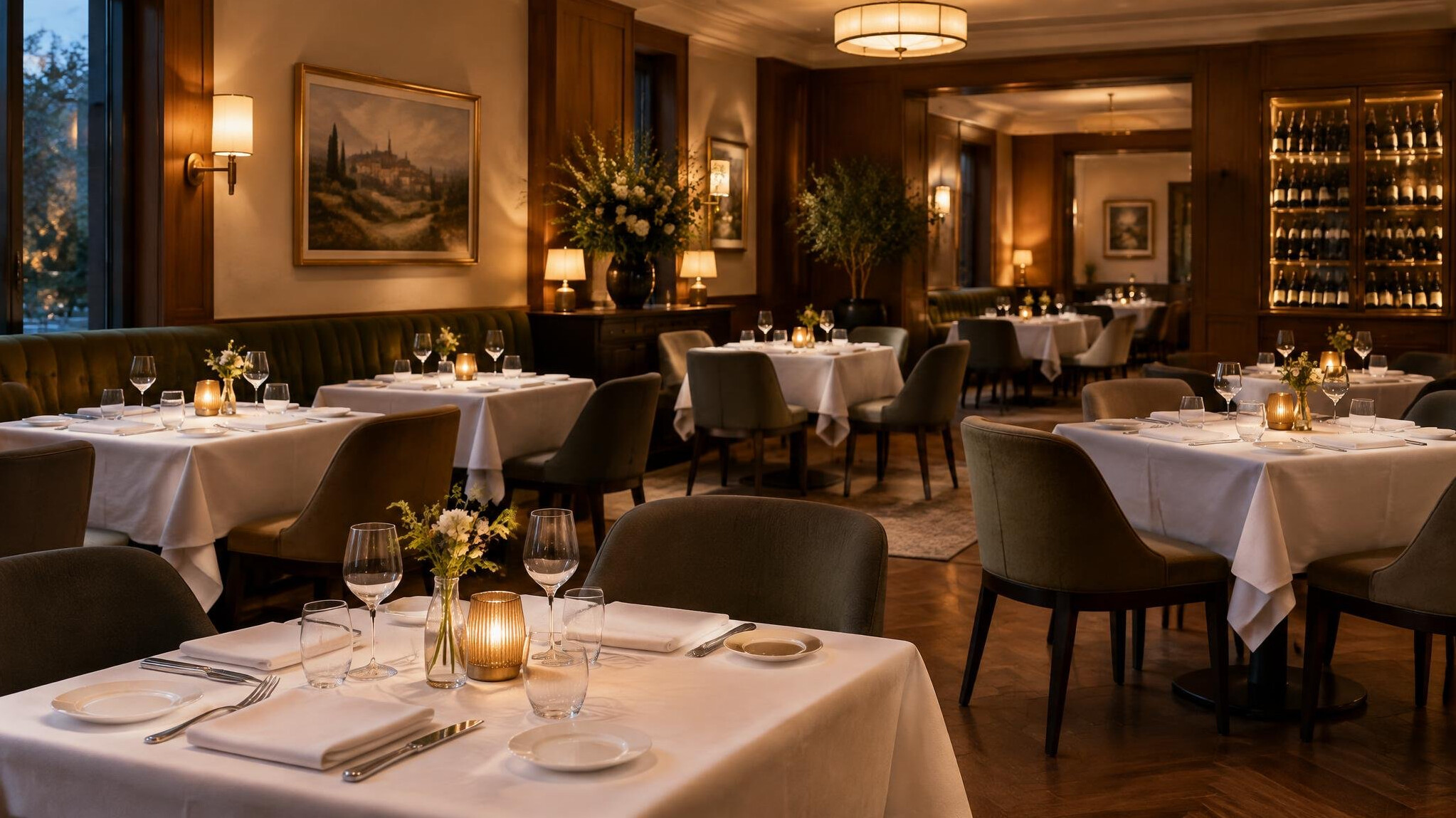 Elegant restaurant dining room with set tables