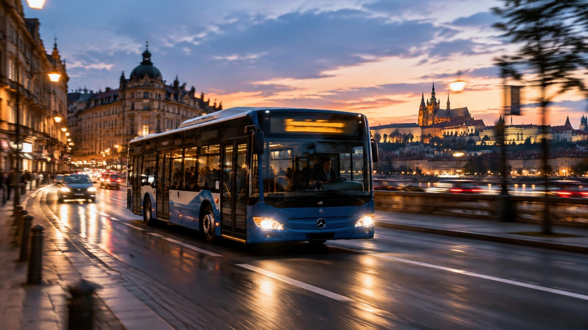 Bus on a city road at dusk