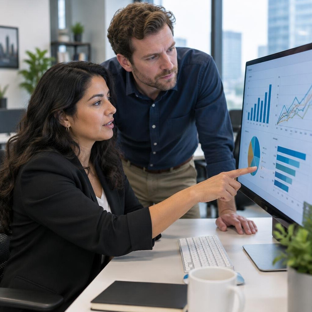 Two colleagues reviewing data on a computer screen