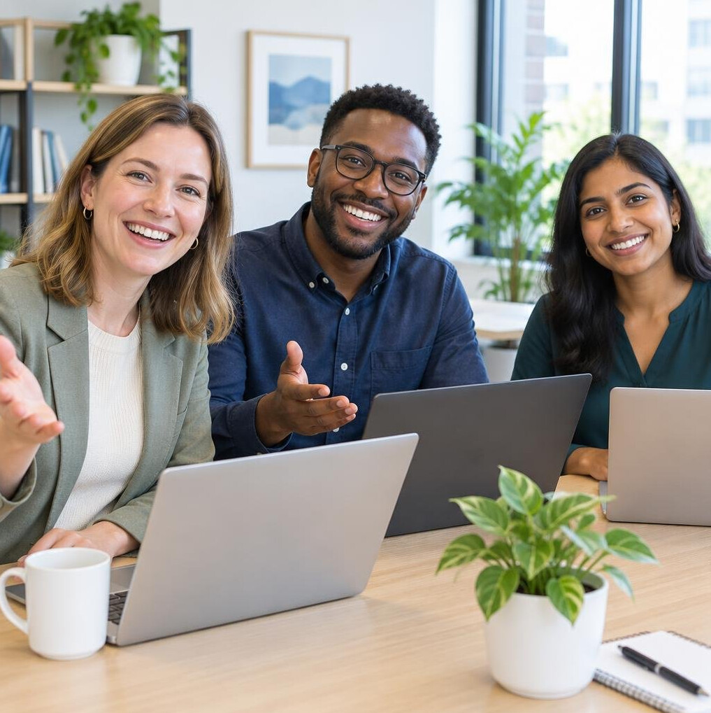 Smiling colleagues at a desk with laptops